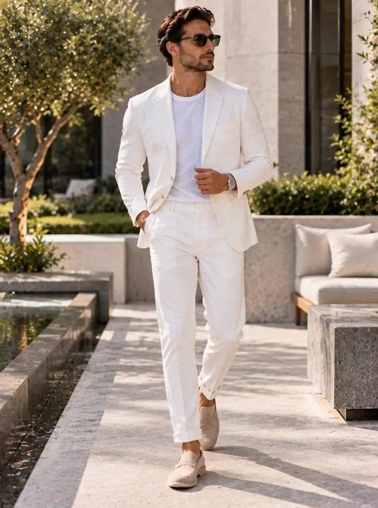 White Blazer + White T-Shirt + White Trousers + Loafers