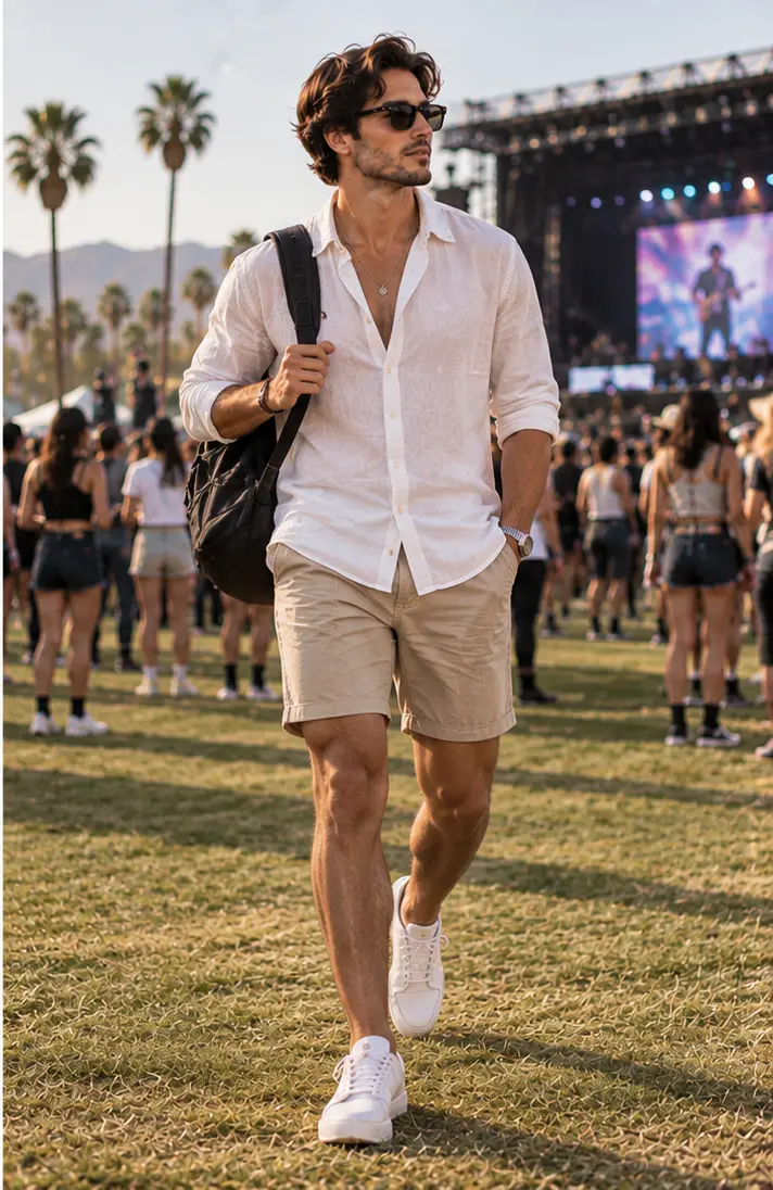 Linen Shirt + Chino Shorts + Sneakers