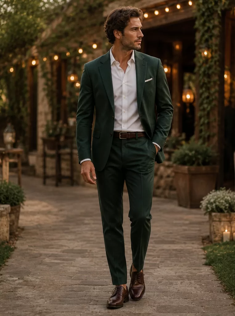 Dark Green Suit + White Shirt + Brown Dress Shoes