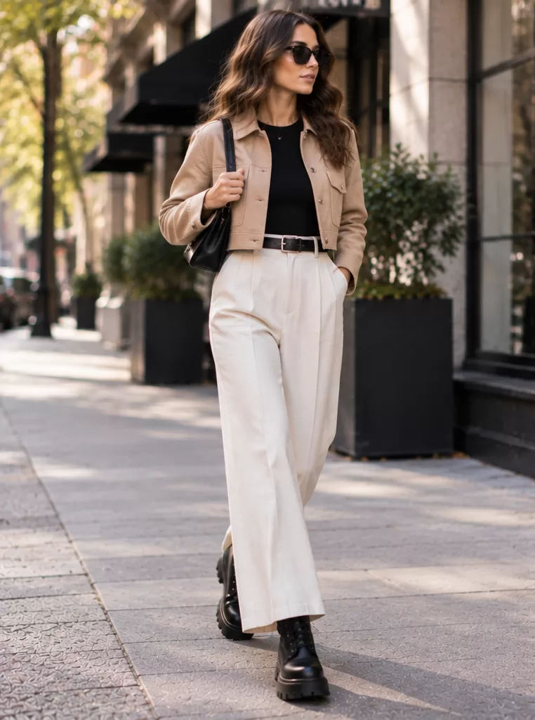 Combat Boots + Wide-Leg Trousers + Cropped Jacket