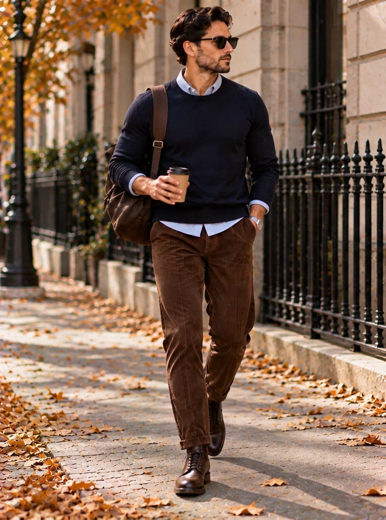 Brown Corduroy Pants + Oxford Shirt + Knit Sweater + Boots