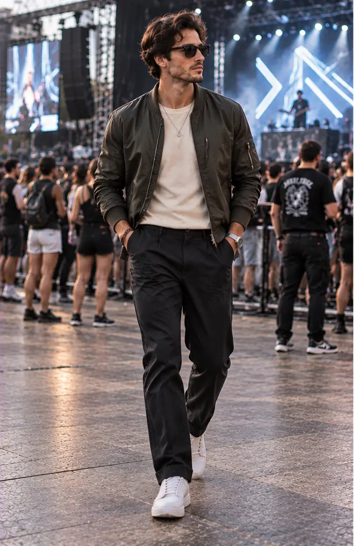 Bomber Jacket + Knit T-Shirt + Trousers + Sneakers