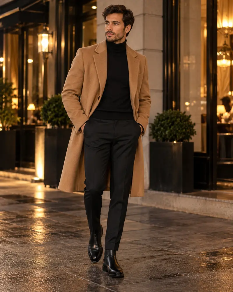 Camel Overcoat + Black Turtleneck + Black Trousers + Chelsea Boots