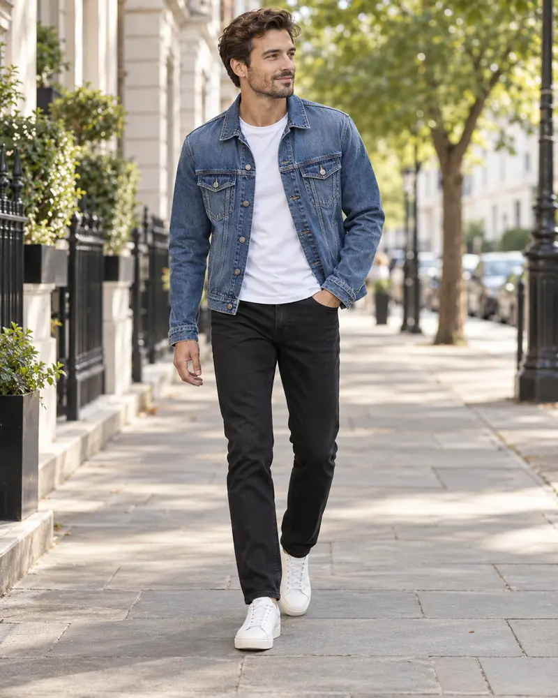 Blue Denim Jacket + White T-Shirt + Black Jeans + Sneakers