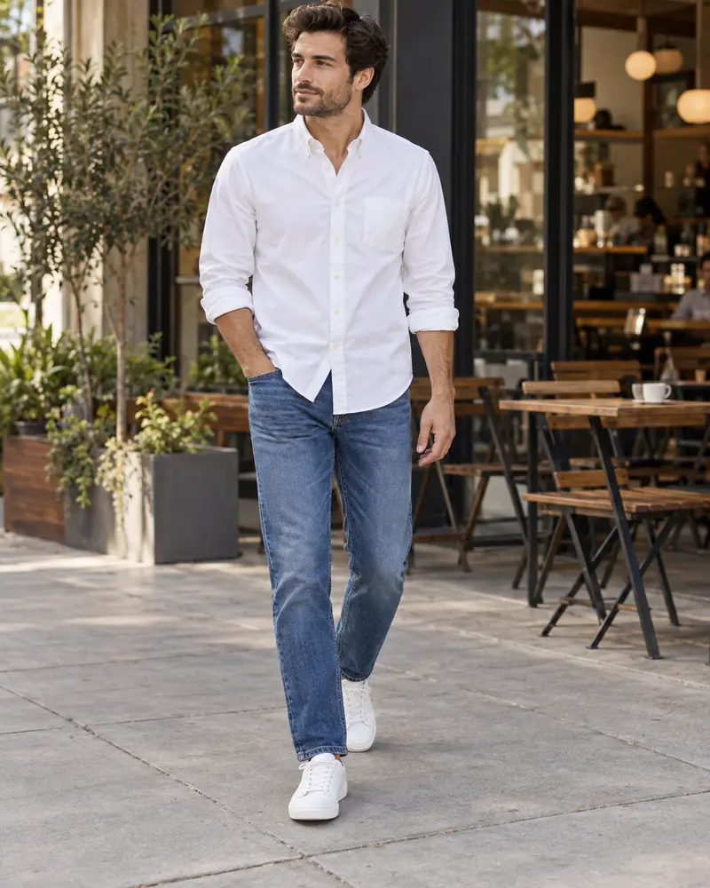 White Oxford Shirt + Blue Jeans + White Sneakers