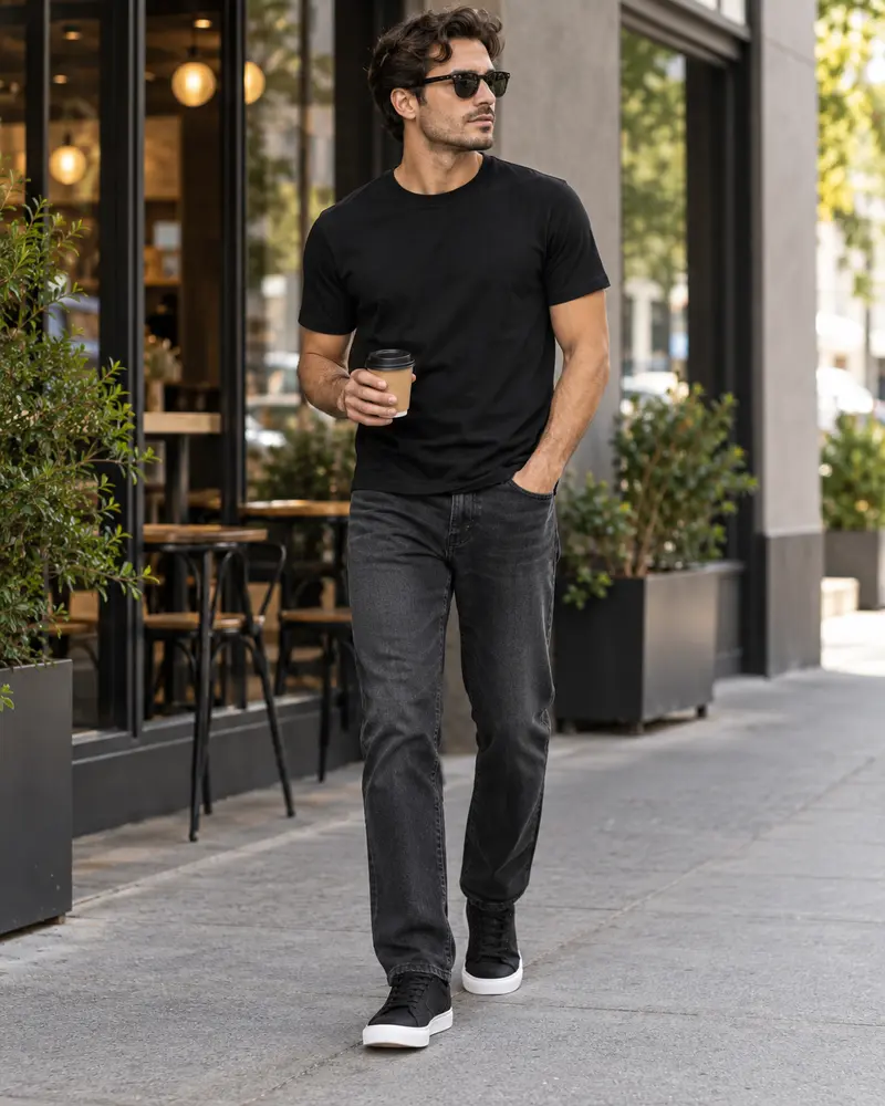 Black T-Shirt + Straight-Leg Jeans + White-Sole Black Sneakers