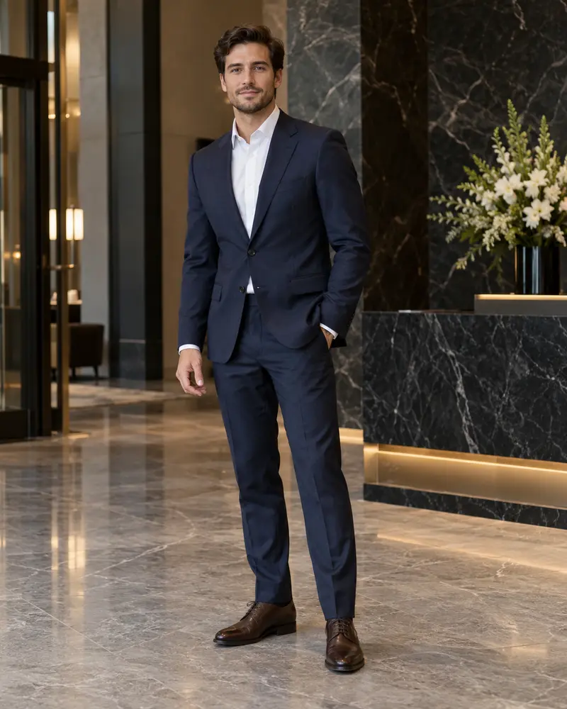 Navy Suit + White Shirt + Dark Brown Oxfords
