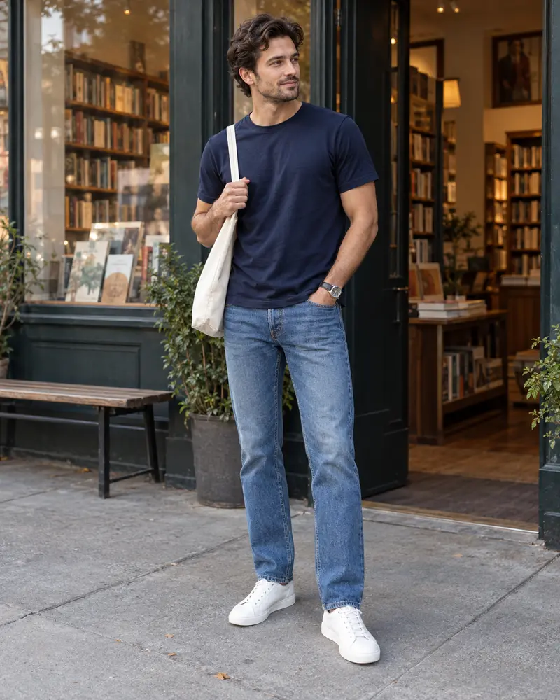 White Sneakers + Straight Blue Jeans + Navy T-Shirt