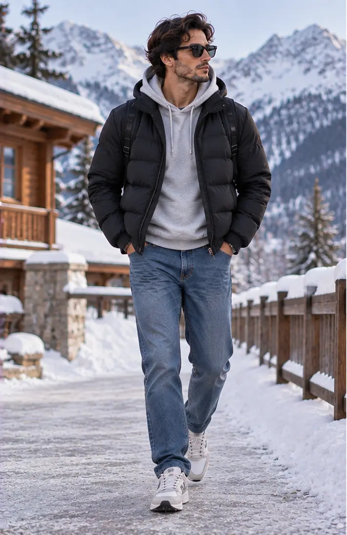 Puffer Jacket + Hoodie + Jeans + Sneakers