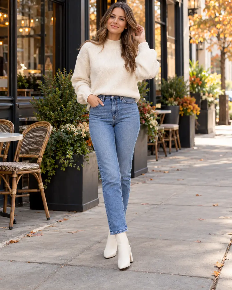 White Ankle Boots + Blue Jeans + Cream Sweater