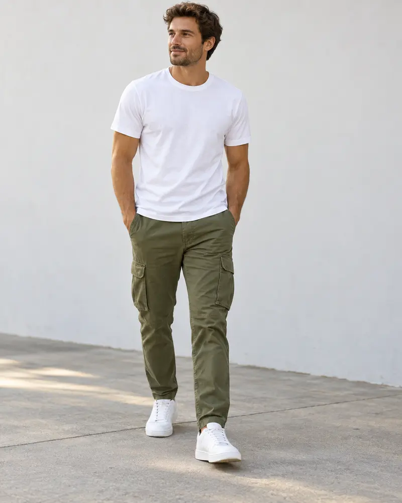 Olive Cargo Pants + White T-Shirt + White Sneakers