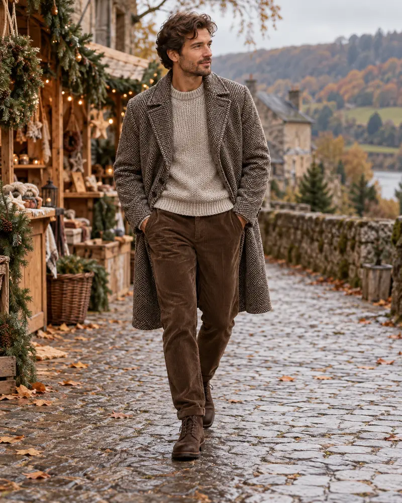 Herringbone Overcoat + Sweater + Corduroy Trousers + Boots
