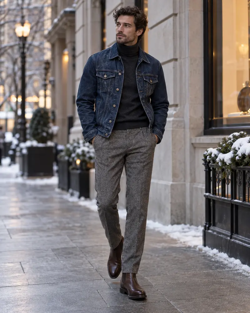 Denim Jacket + Turtleneck + Wool Trousers + Boots