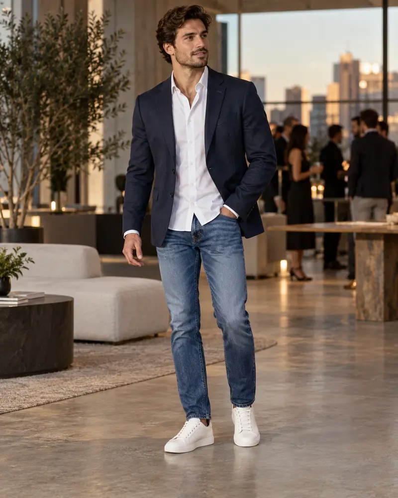 White Shirt + Blazer + Jeans + Leather Sneakers