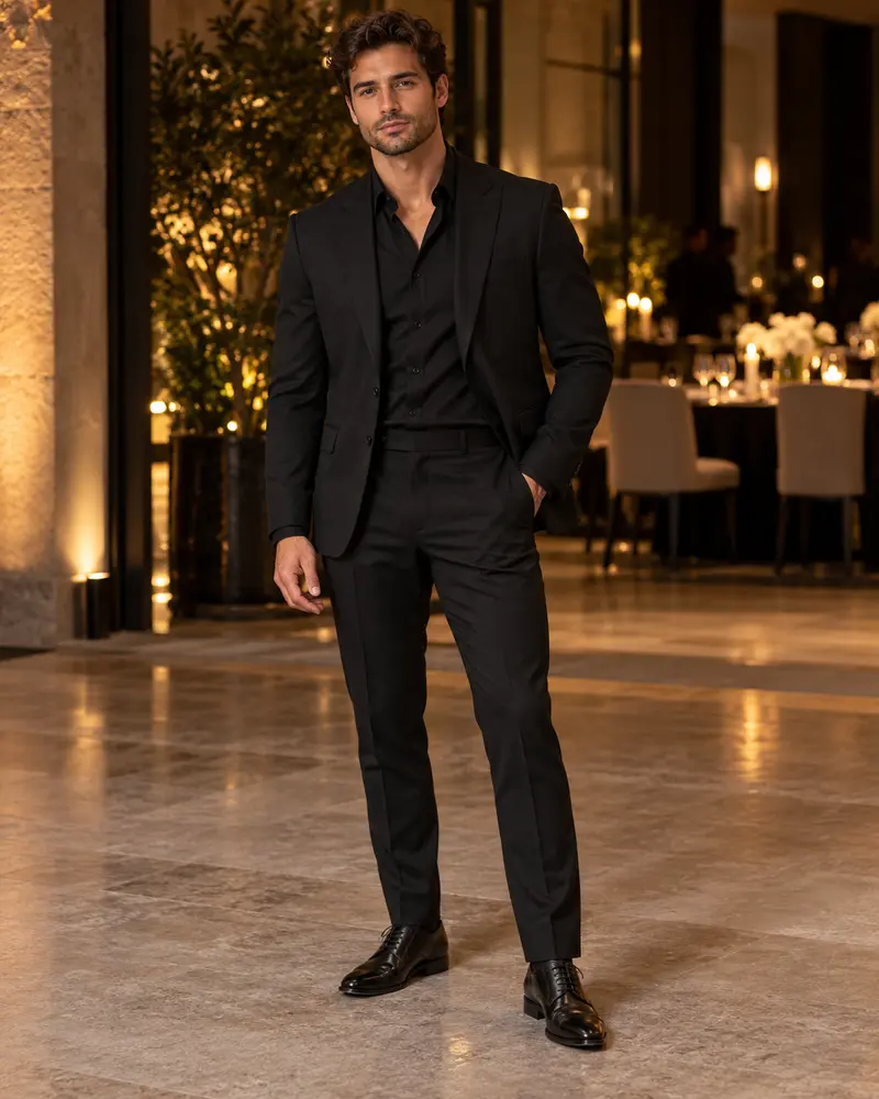 Black Suit + Black Shirt + Leather Shoes