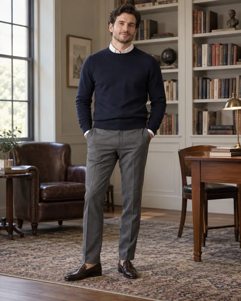 Navy Knit Crewneck + White Oxford + Grey Trousers