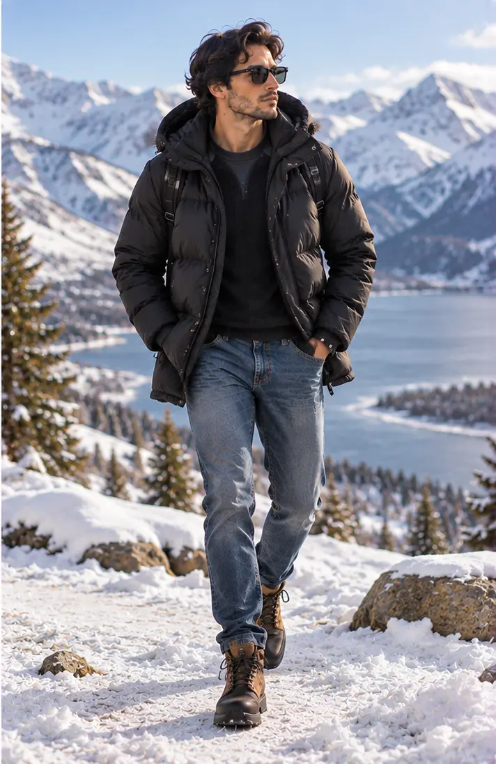 Down Jacket + Thermal Top + Jeans + Winter Boots