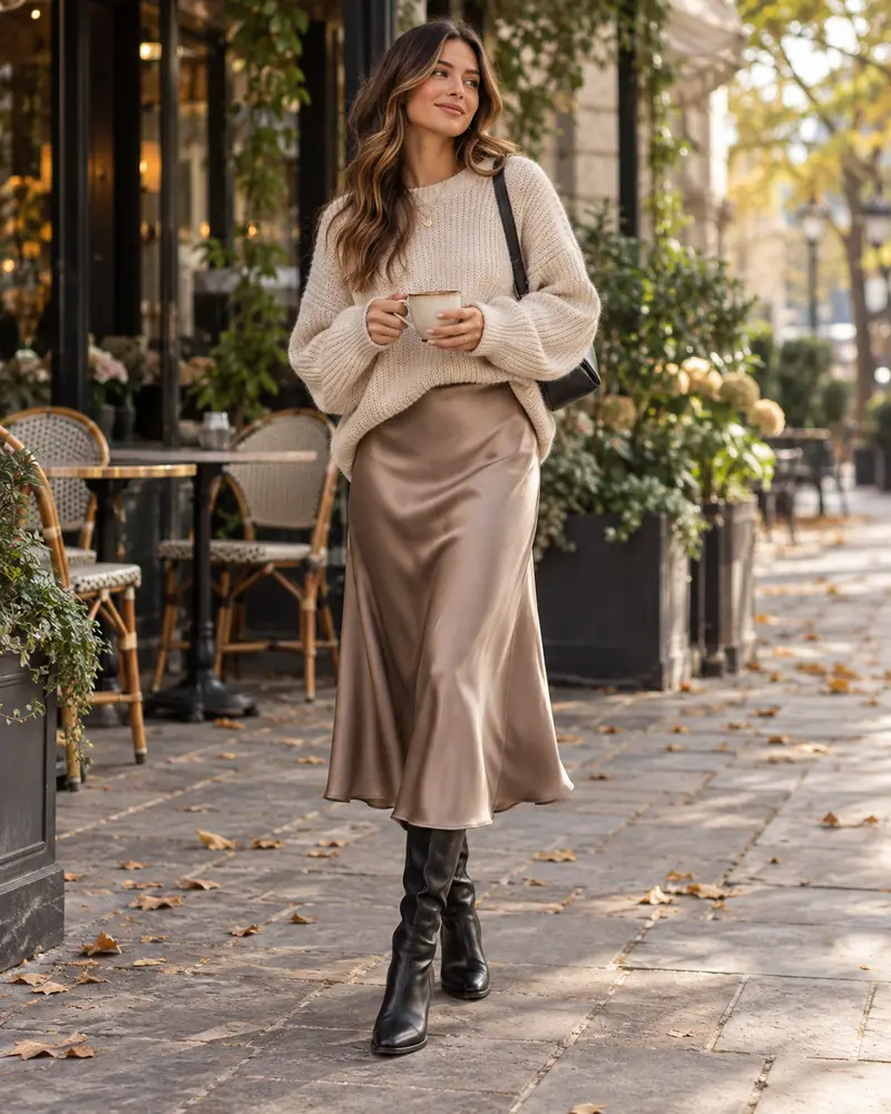 Leather Boots + Slip Skirt + Oversized Knit