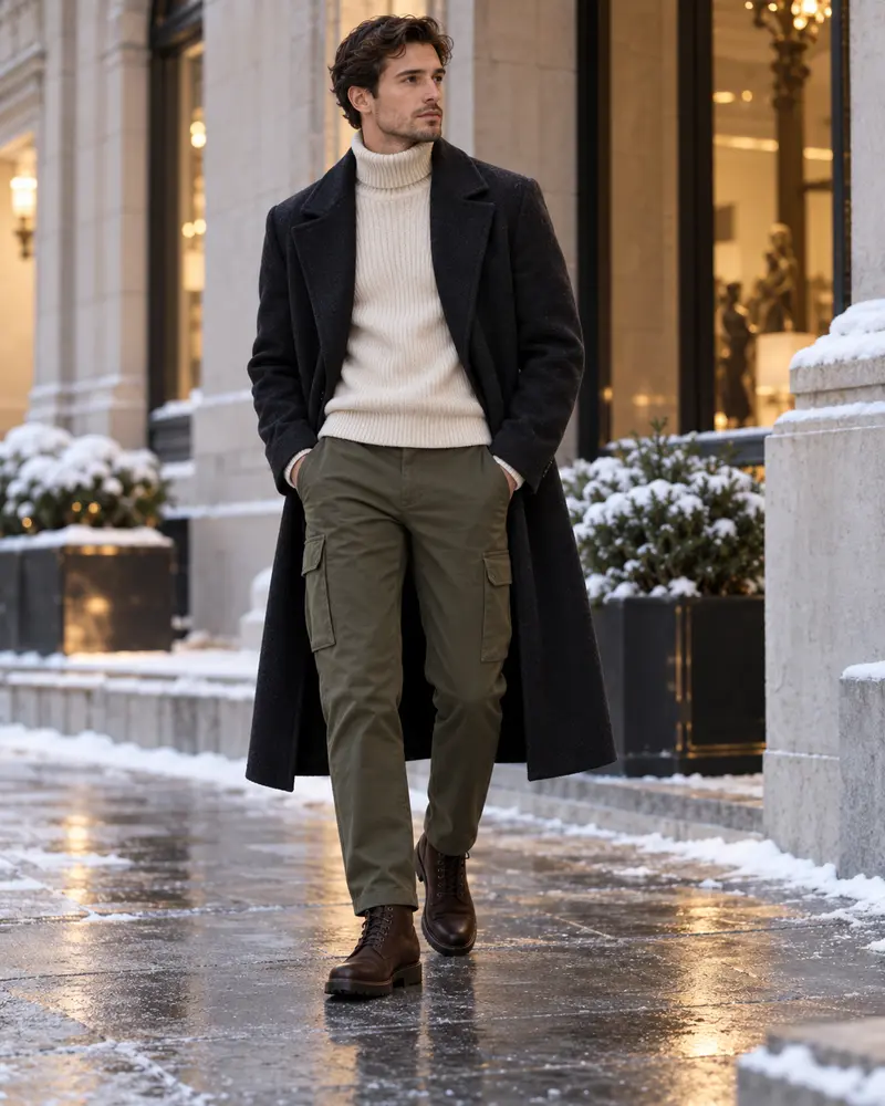 Cargo Pants + Turtleneck + Long Coat + Boots