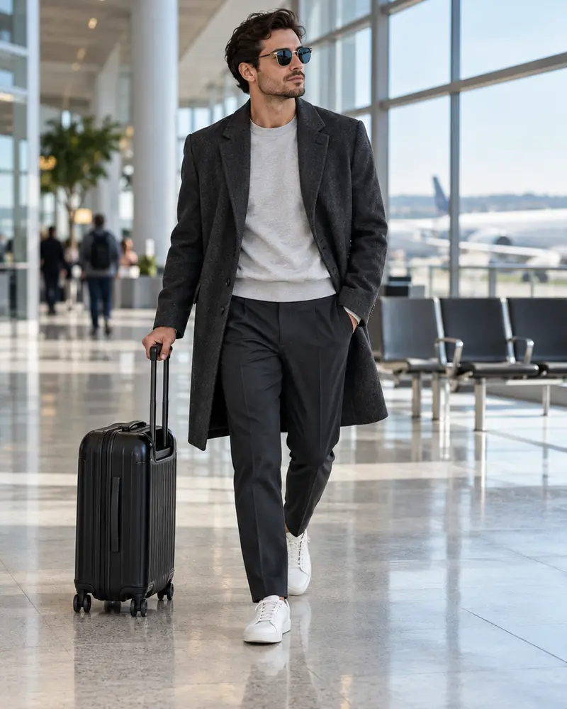 Charcoal Overcoat + Sweatshirt + Tailored Trousers + Sneakers