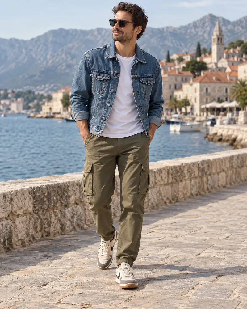 Denim Jacket + Cargo Pants + T-Shirt + Retro Sneakers
