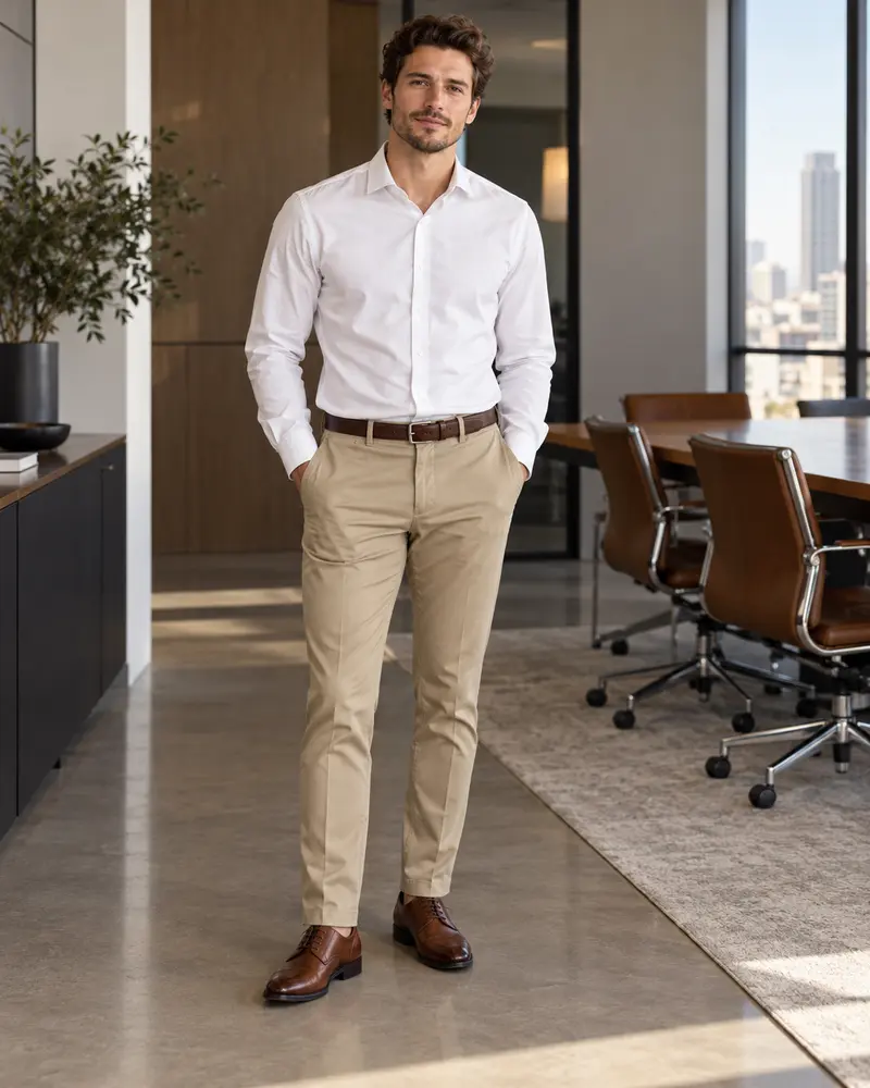 White Shirt + Khaki Trousers + Brown Derby Shoes