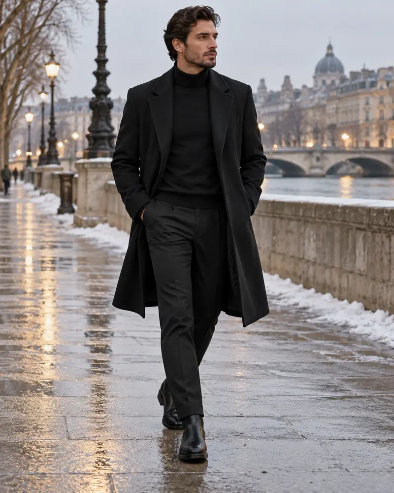 Black Long Coat + Sweater + Trousers + Boots