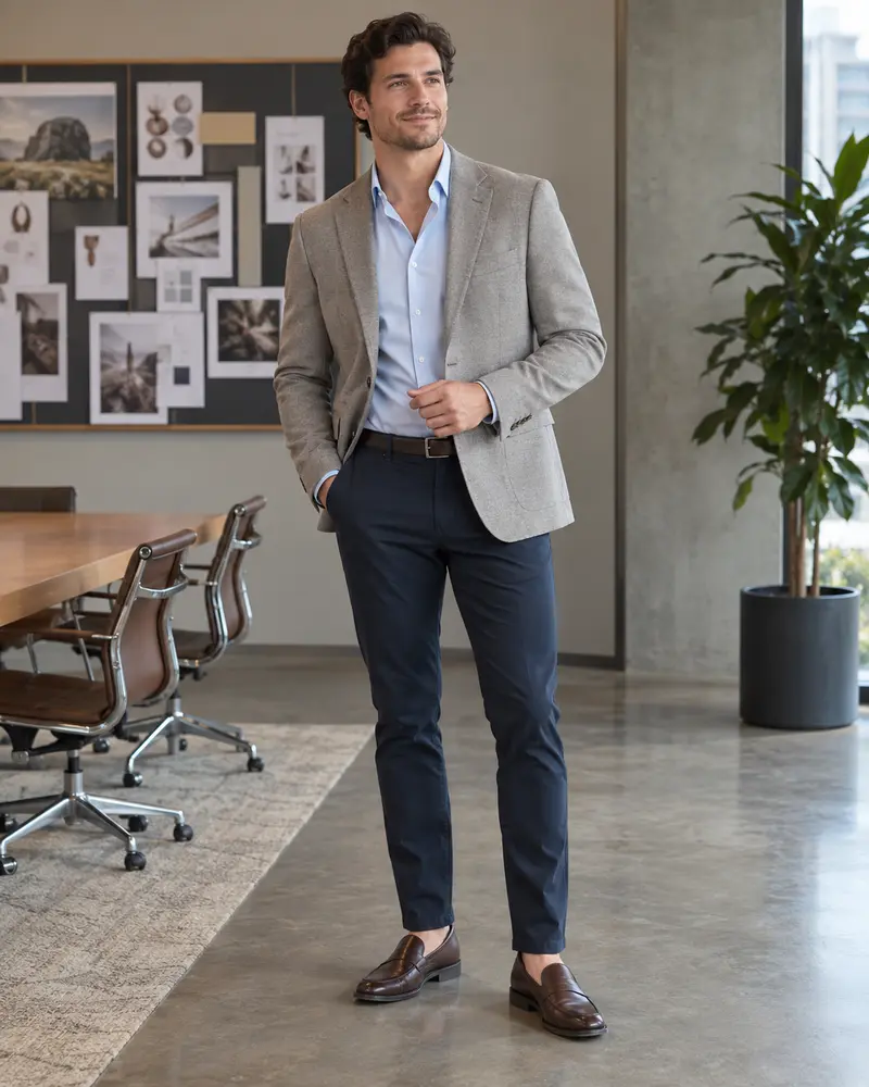 Neutral Blazer + Dark Chinos + Open-Collar Shirt