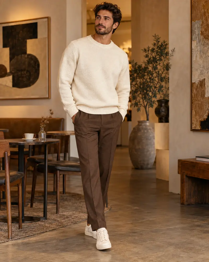 Off-White Sneakers + Brown Trousers + Ecru Knit
