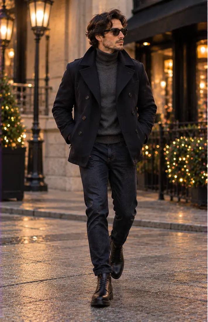 Peacoat + Turtleneck + Dark Jeans + Chelsea Boots