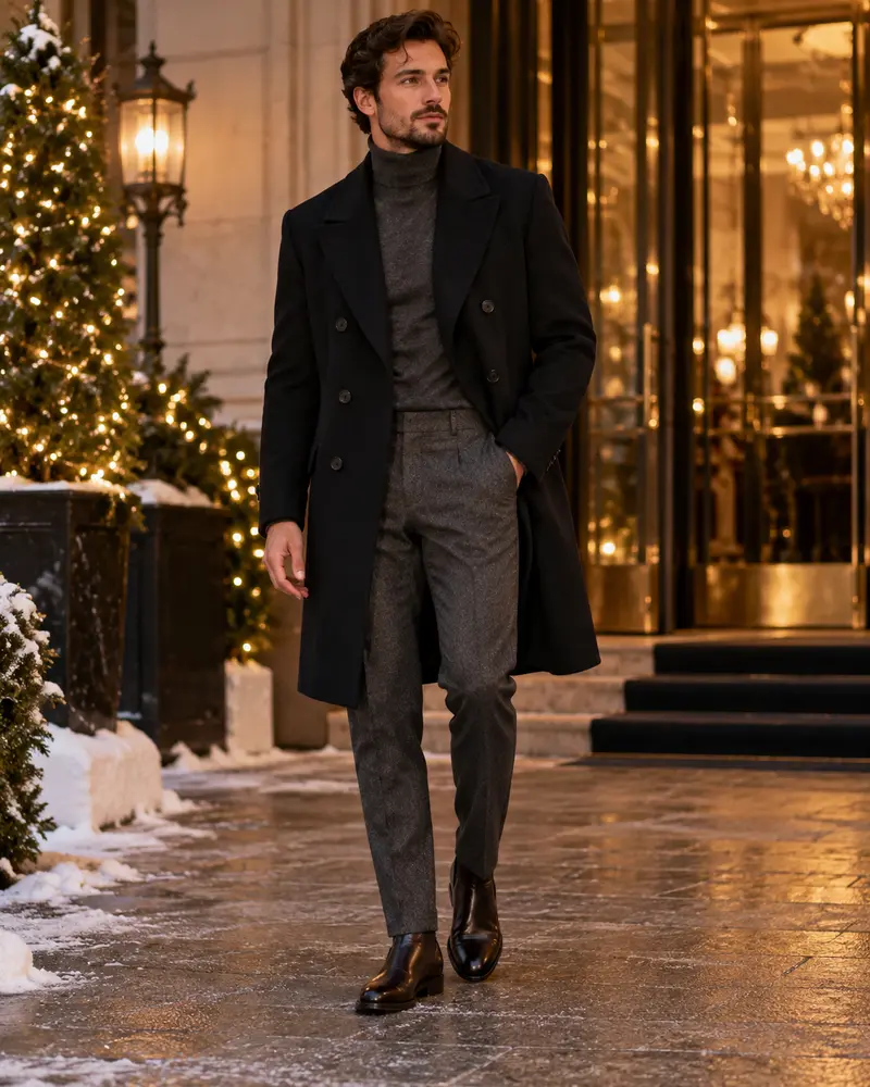 Double-Breasted Overcoat + Turtleneck + Wool Trousers + Dress Boots