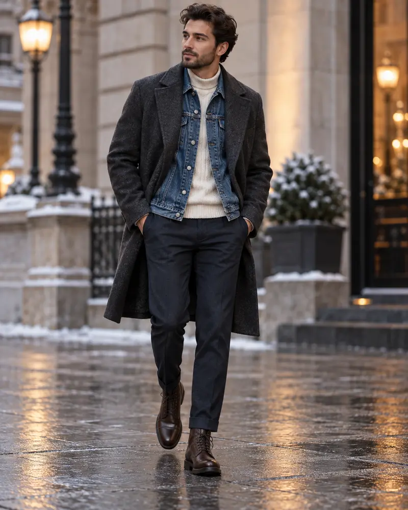 Denim Jacket + Overcoat + Sweater + Trousers + Boots