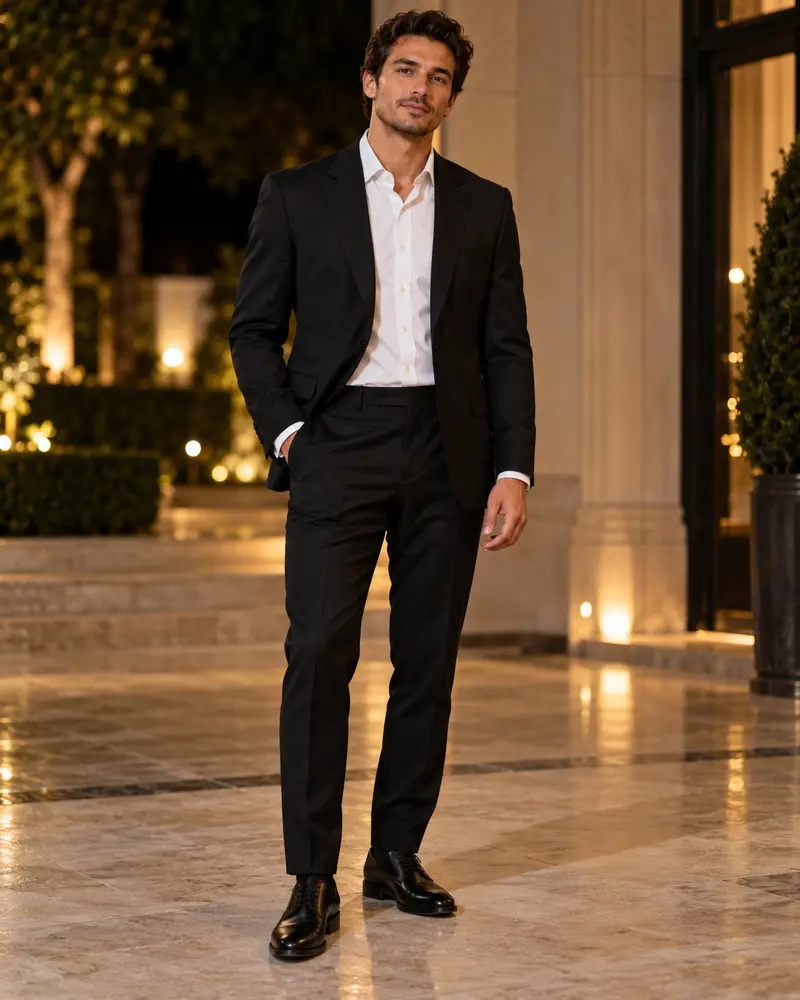 White Shirt + Black Suit + Black Leather Shoes
