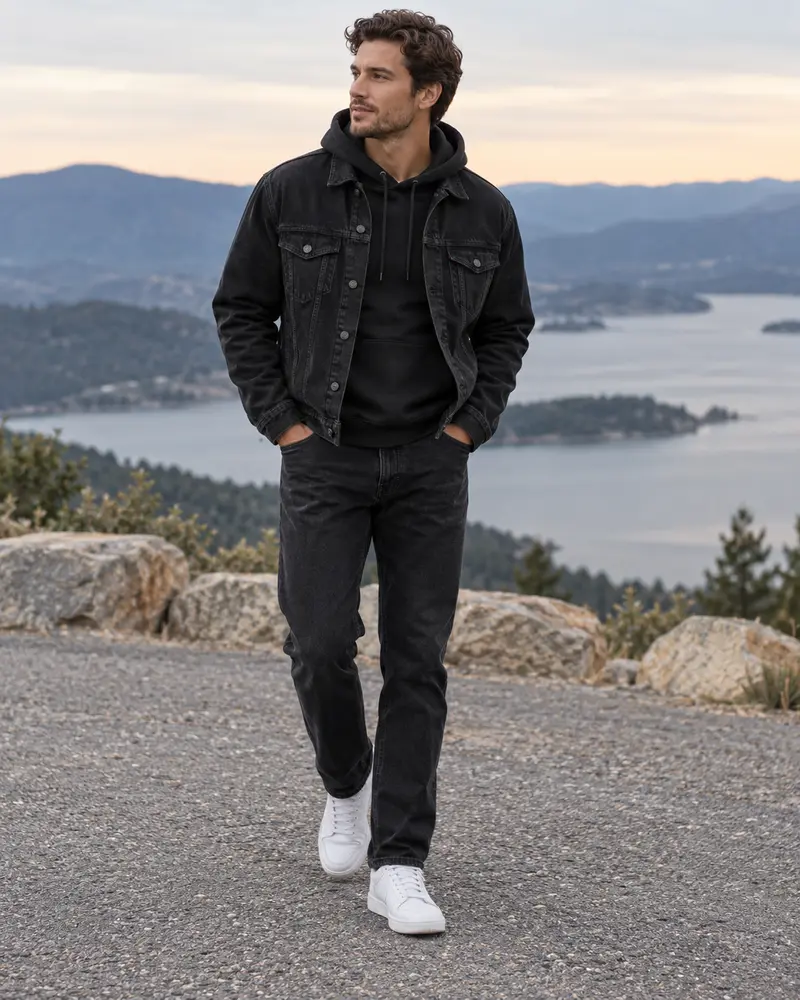 Black Denim Jacket + Hoodie + Jeans + Sneakers