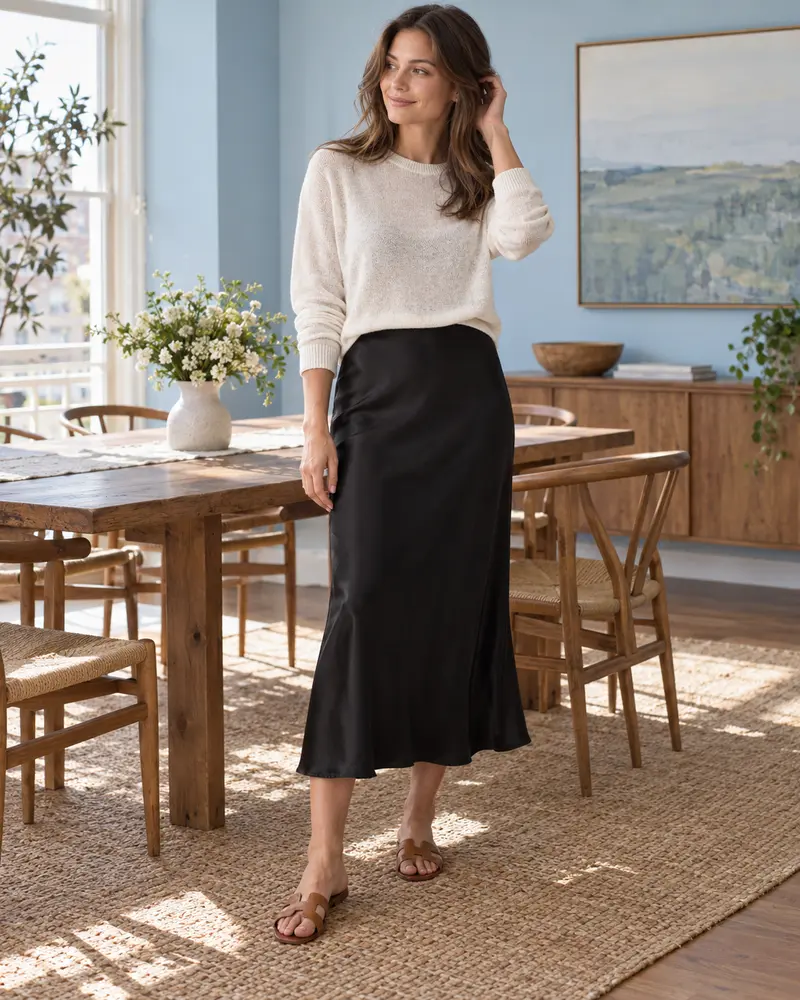 Black Slip Dress + Lightweight Knit + Flat Sandals