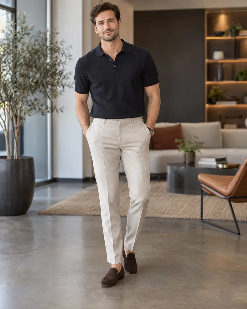 Dark Knit Polo + Stone Trousers + Suede Loafers