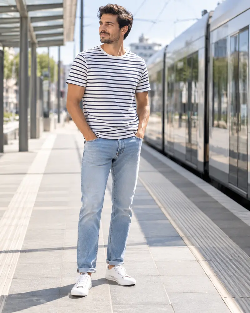 White Canvas Sneakers + Light-Wash Jeans + Striped Tee
