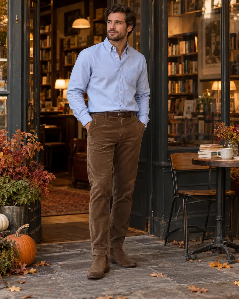 Light Blue Shirt + Brown Corduroy + Suede Boots