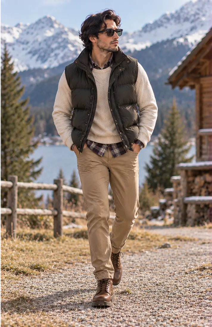 Puffer Vest + Sweater + Flannel Shirt + Chinos + Boots