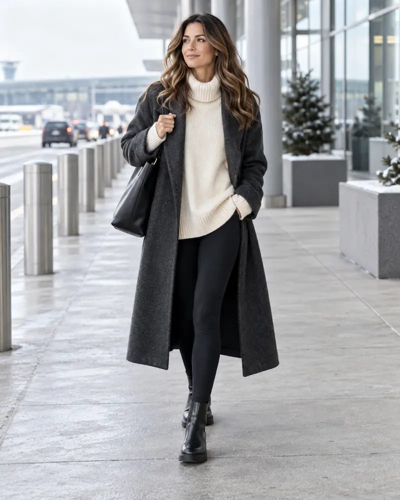 Leather Boots + Leggings + Oversized Sweater + Long Coat