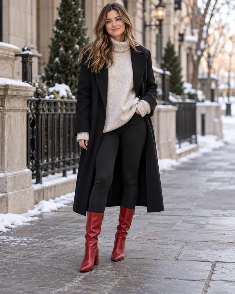 Red Boots + Black Leggings + Oversized Sweater + Long Coat