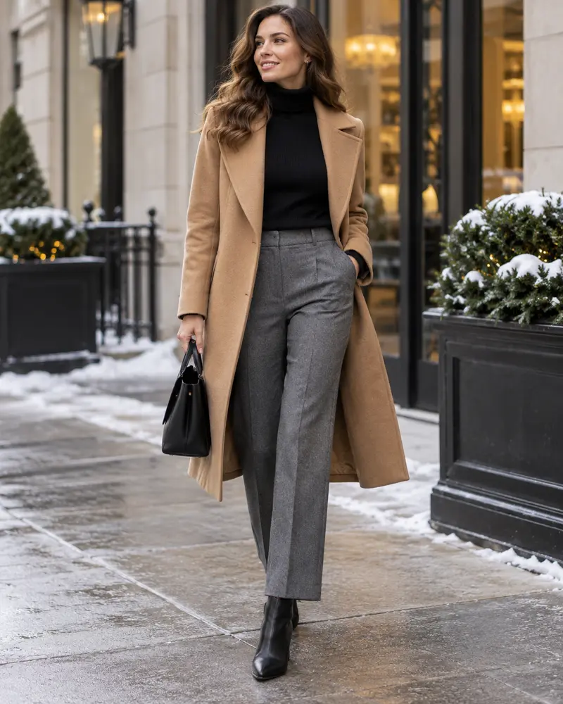 Grey Pants + Black Turtleneck + Camel Coat + Ankle Boots