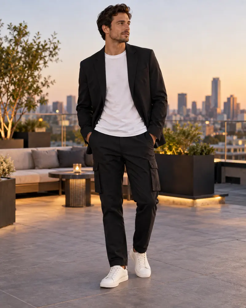 Black Cargo Pants + Blazer + Crewneck T-Shirt + Leather Sneakers