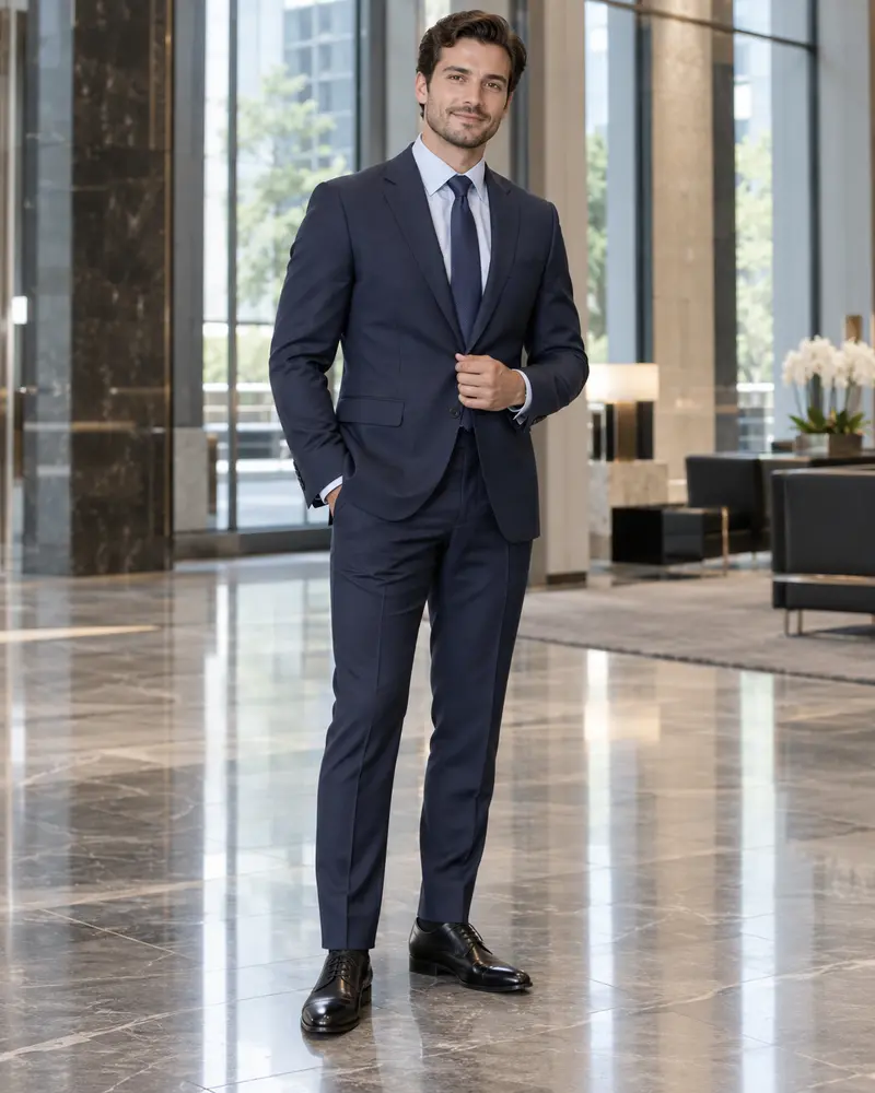 Navy Suit + Pale Blue Shirt + Black Oxfords