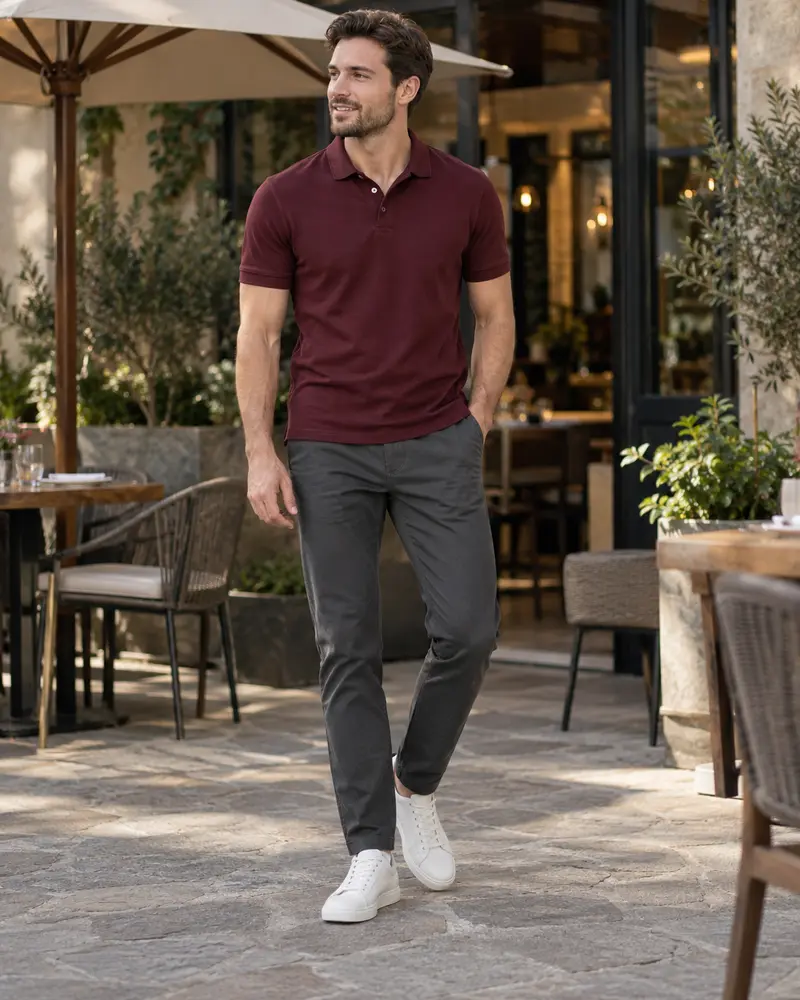 White Court Sneakers + Charcoal Chinos + Burgundy Polo