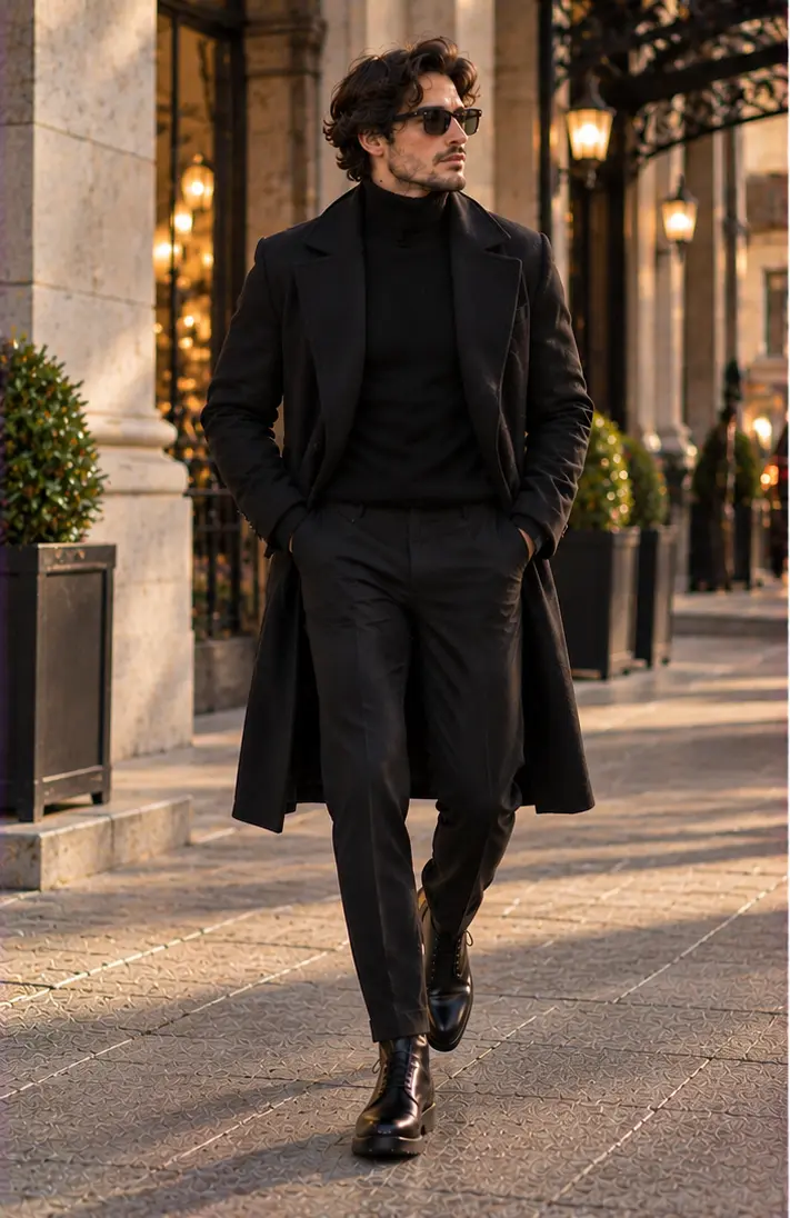 Black Overcoat + Black Turtleneck + Black Trousers + Leather Boots