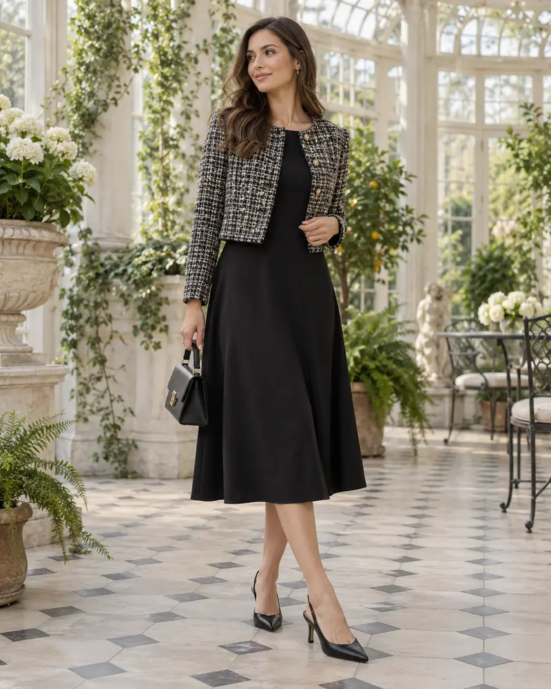 Black Midi Dress + Cropped Tweed Jacket + Slingbacks