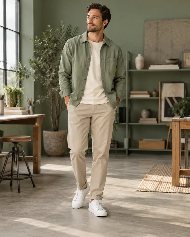 White Sneakers + Sand Trousers + Sage Overshirt
