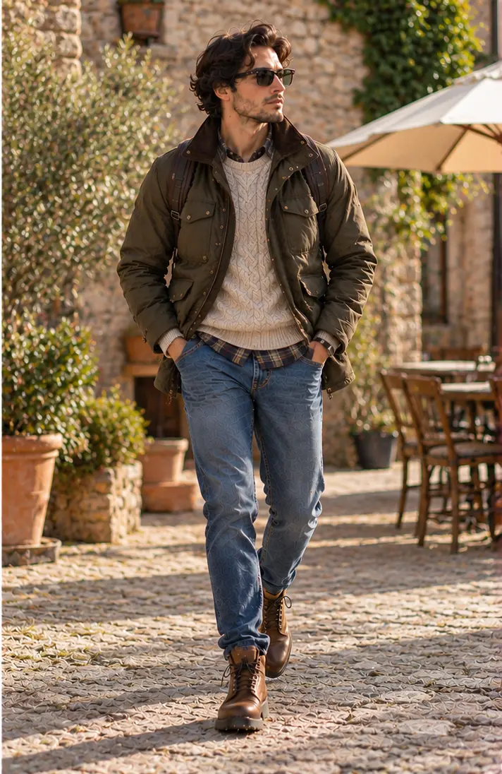 Field Jacket + Chunky Knit Sweater + Jeans + Lace-Up Boots