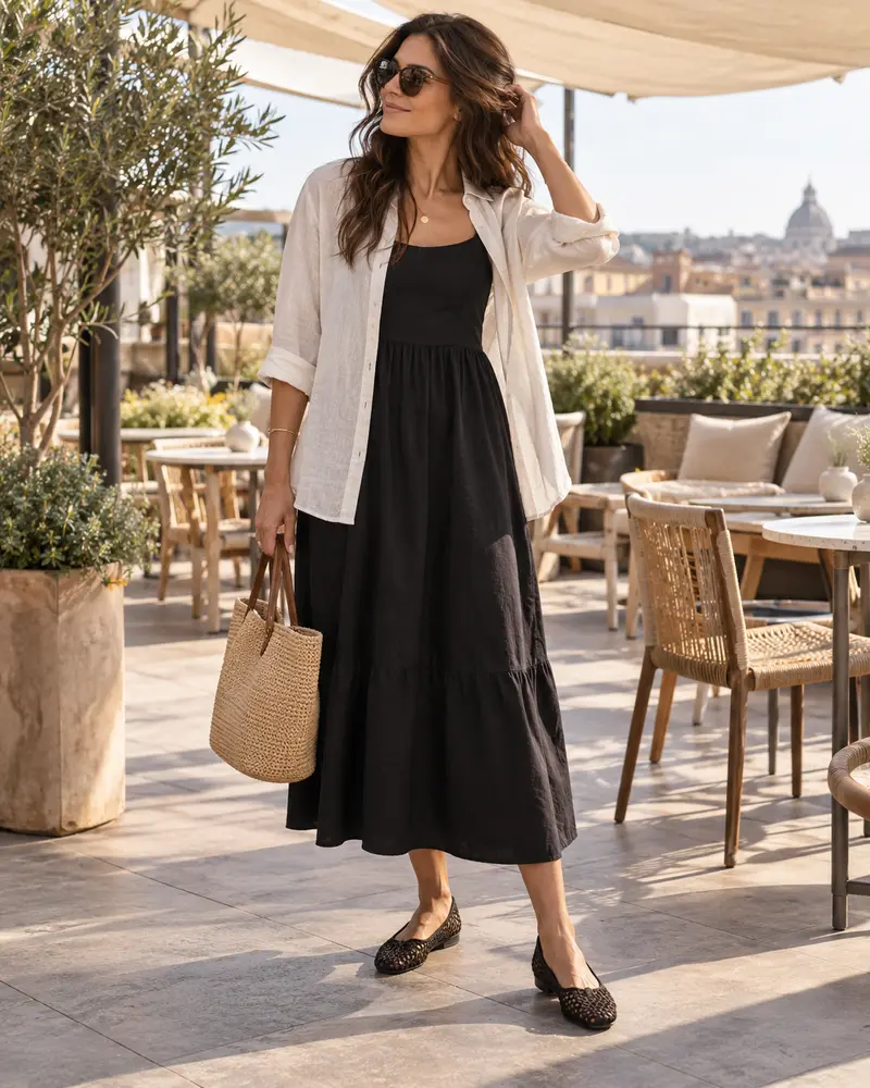 Black Cotton Dress + Linen Overshirt + Woven Flats